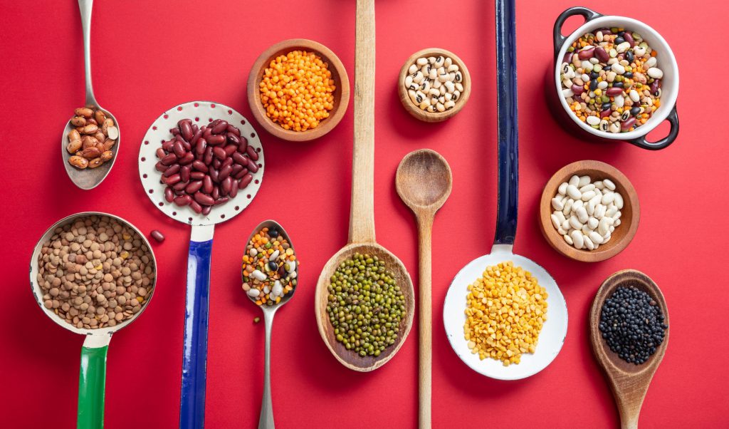 Variety of legumes on red background