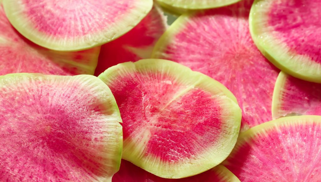 Close up image of watermelon radishes