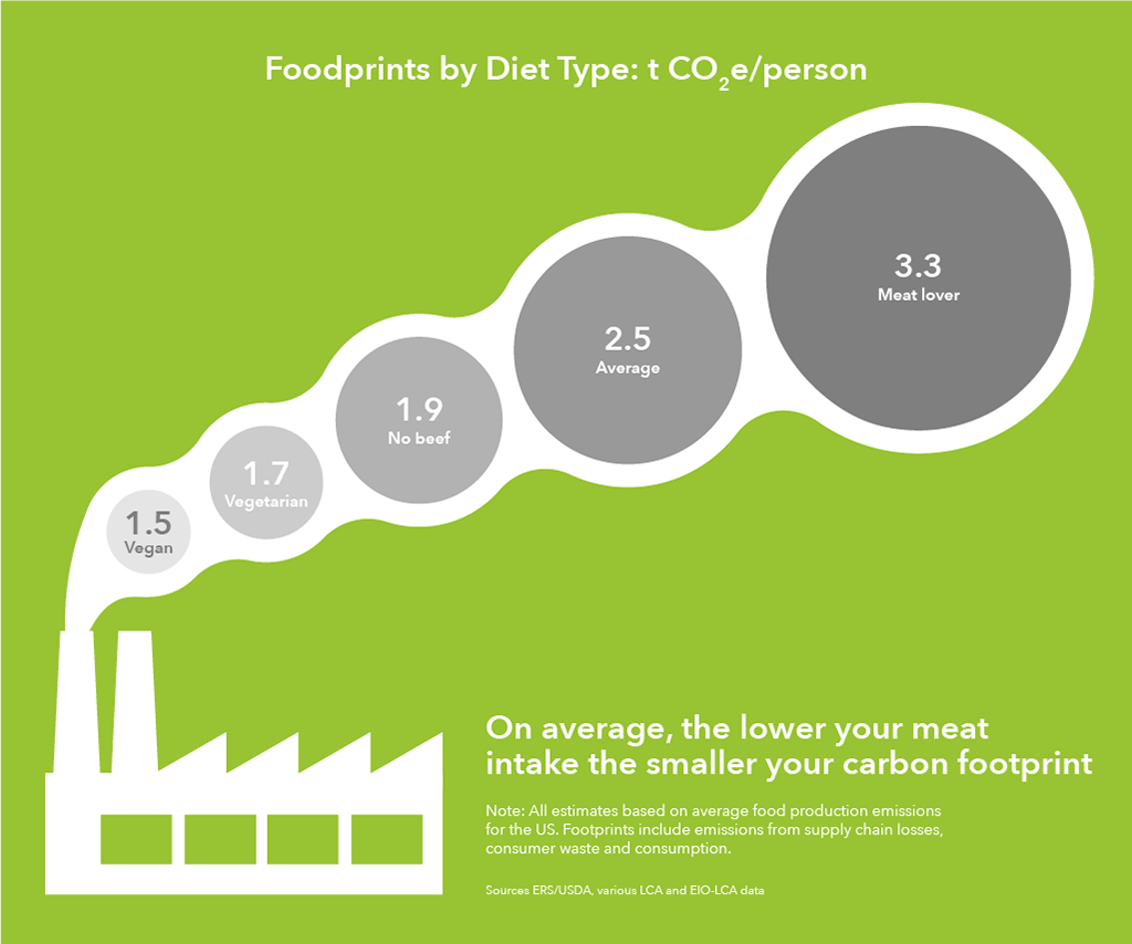 Image showing carbon footprint for different diet types, with vegan being the lowest and high meat intake being the highest