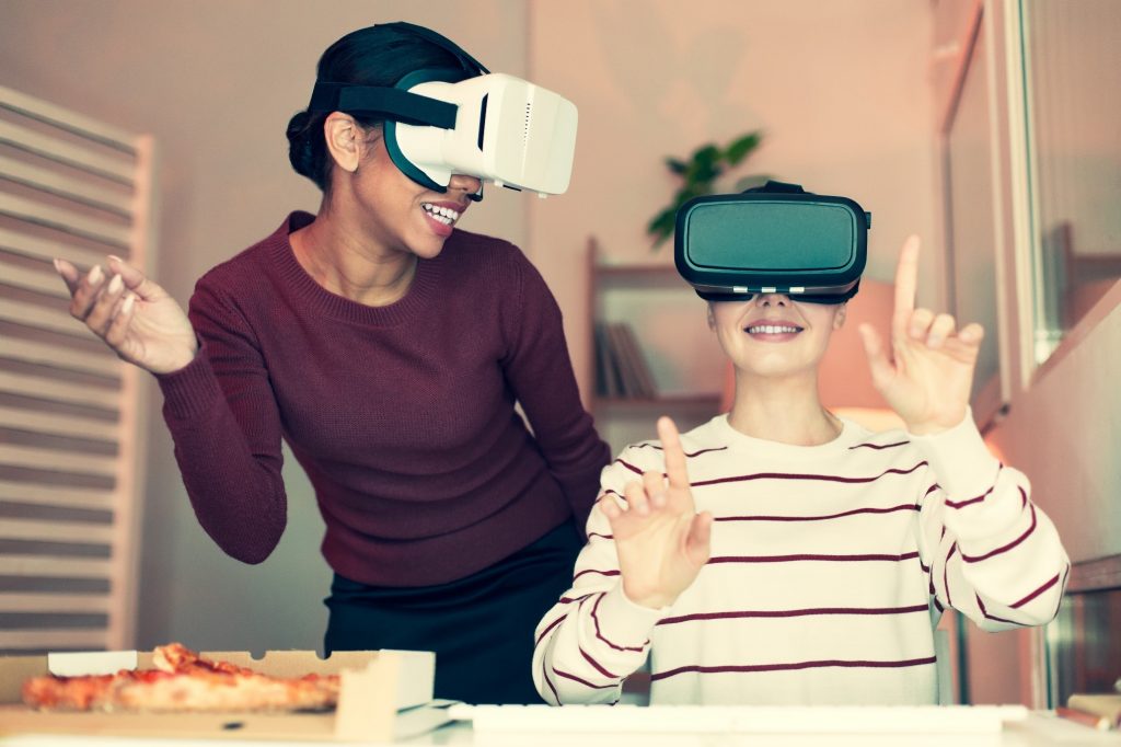 People eating with VR headset on