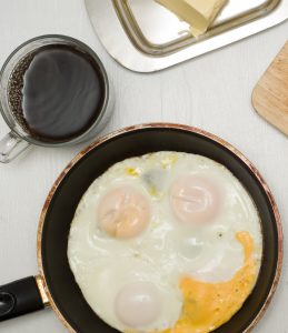 Eggs in frying pan with cup of coffee