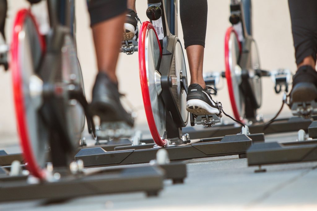 Close up of bike pedals in exercise class