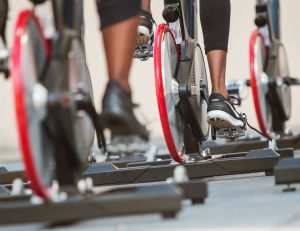 Close up of bike pedals in exercise class